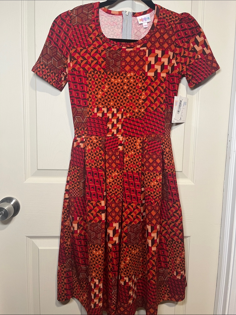 LuLaRoe Geometric Patchwork Fit & Flare Dress in Red and Orange